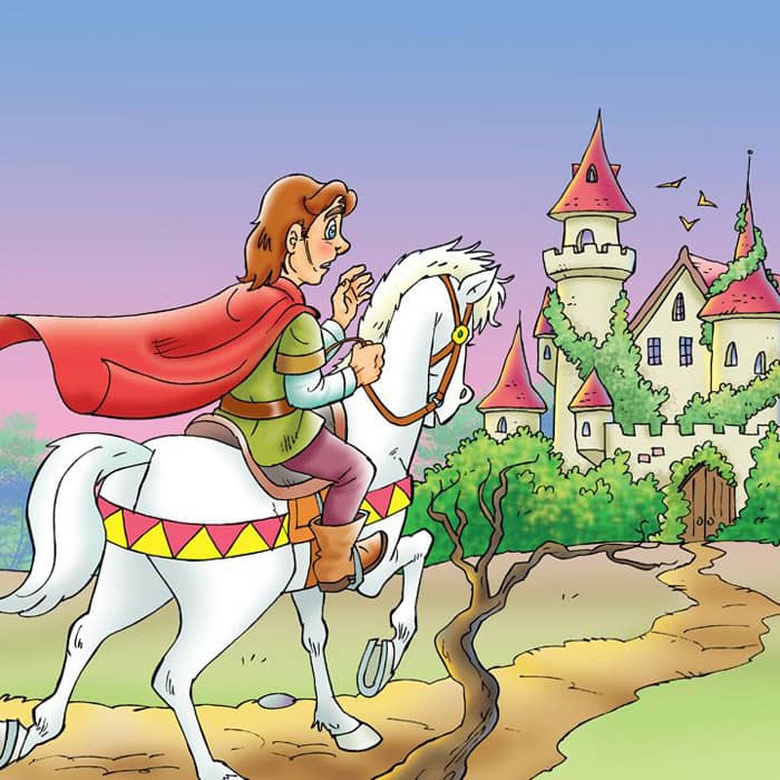 Dornröschen Dornenbusch Prinz auf Pferd vor verwachsenen Schloss