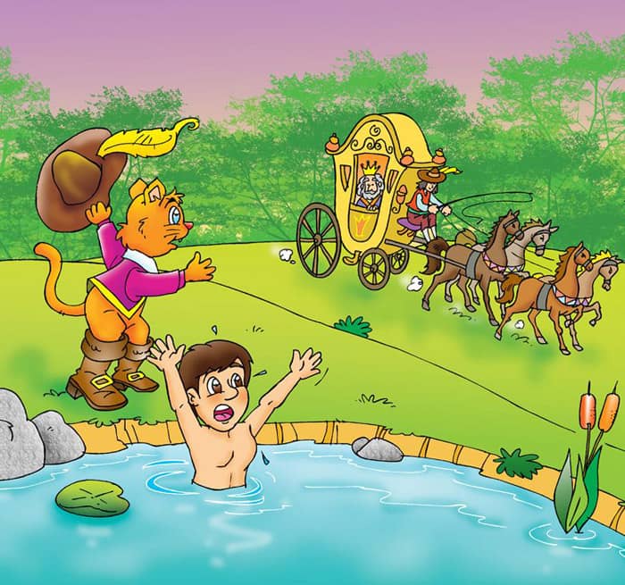 Gestiefelter Kater vor Kutsche mit König - Junge im Wasser