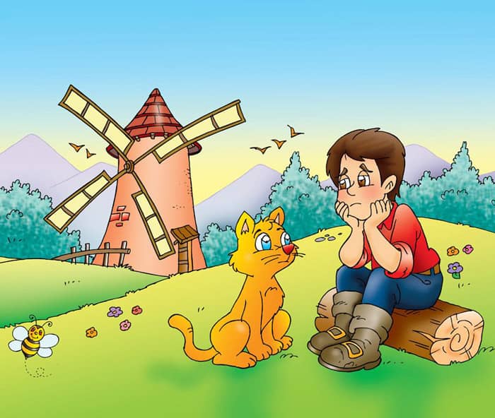 Kater ohne Stiefel mit traurigen Jungen vor Mühle