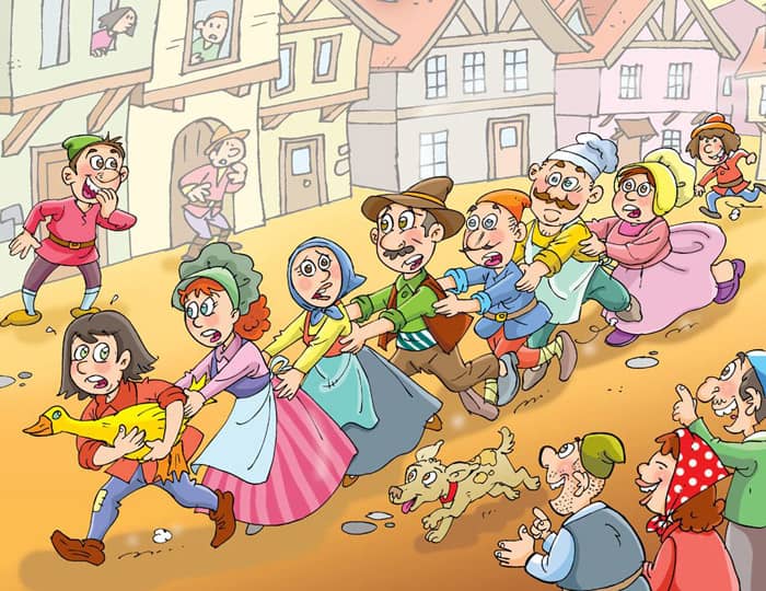 Junge mit goldener Gans mit 6 Leuten durch Stadt