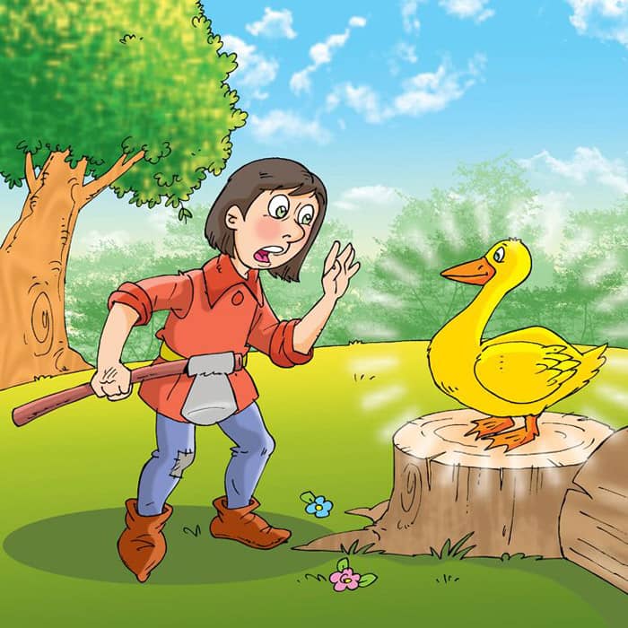 Junge entdeckt goldene Gans auf Baumstumpf