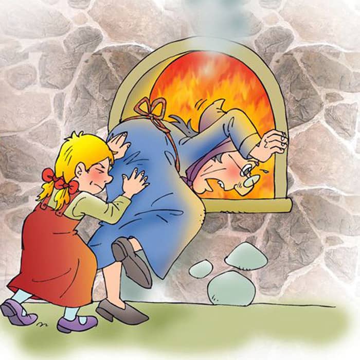 Gretel stößt Hexe in Ofen