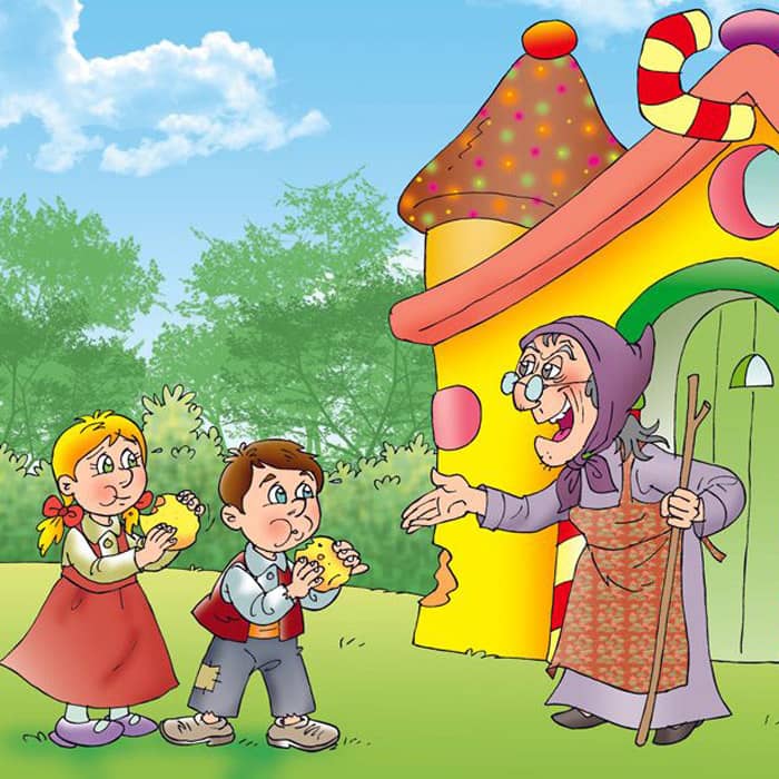 Hänsel und Gretel vor Knusperhaus mit Hexe
