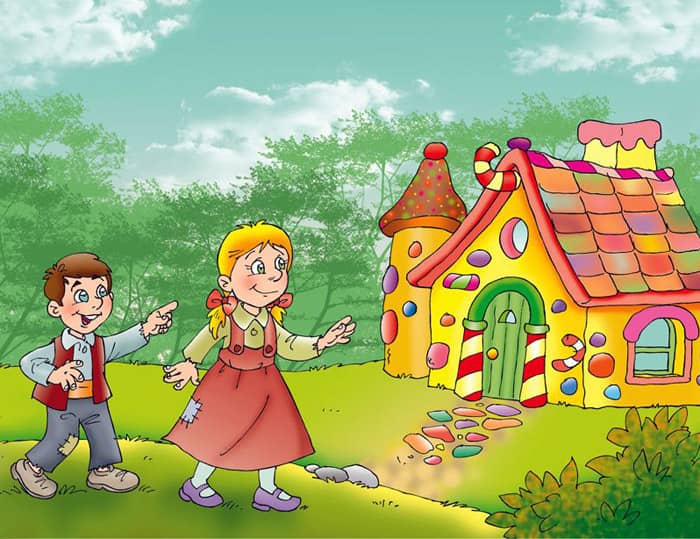 Hänsel und Gretel vor Knusperhäuschen