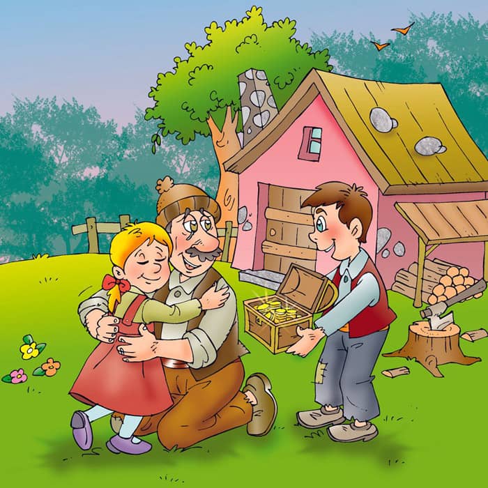 Vater, Hänsel und Gretel mit Goldtruhe