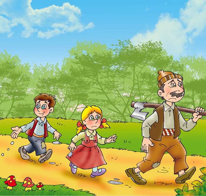 Hänsel und Gretel mit Vater im Wald